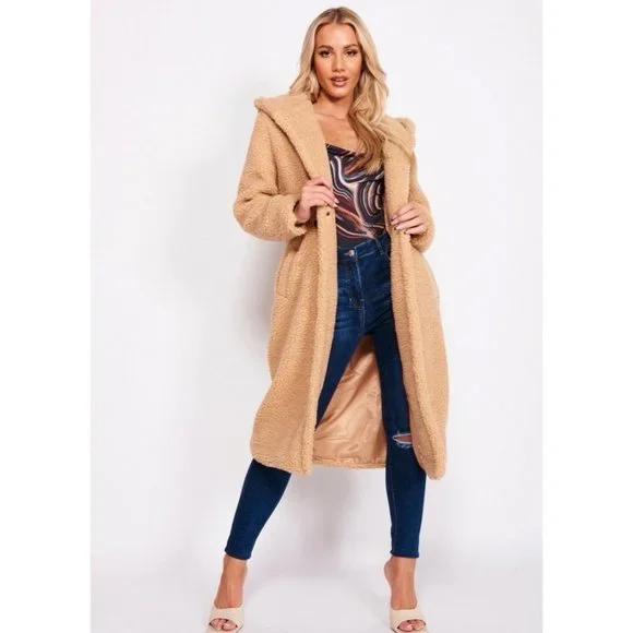 Camel Long Sleeve Hoodie Hooded Long Maxi Borg Teddy Bear Fur Coat - Picture 7 of 16